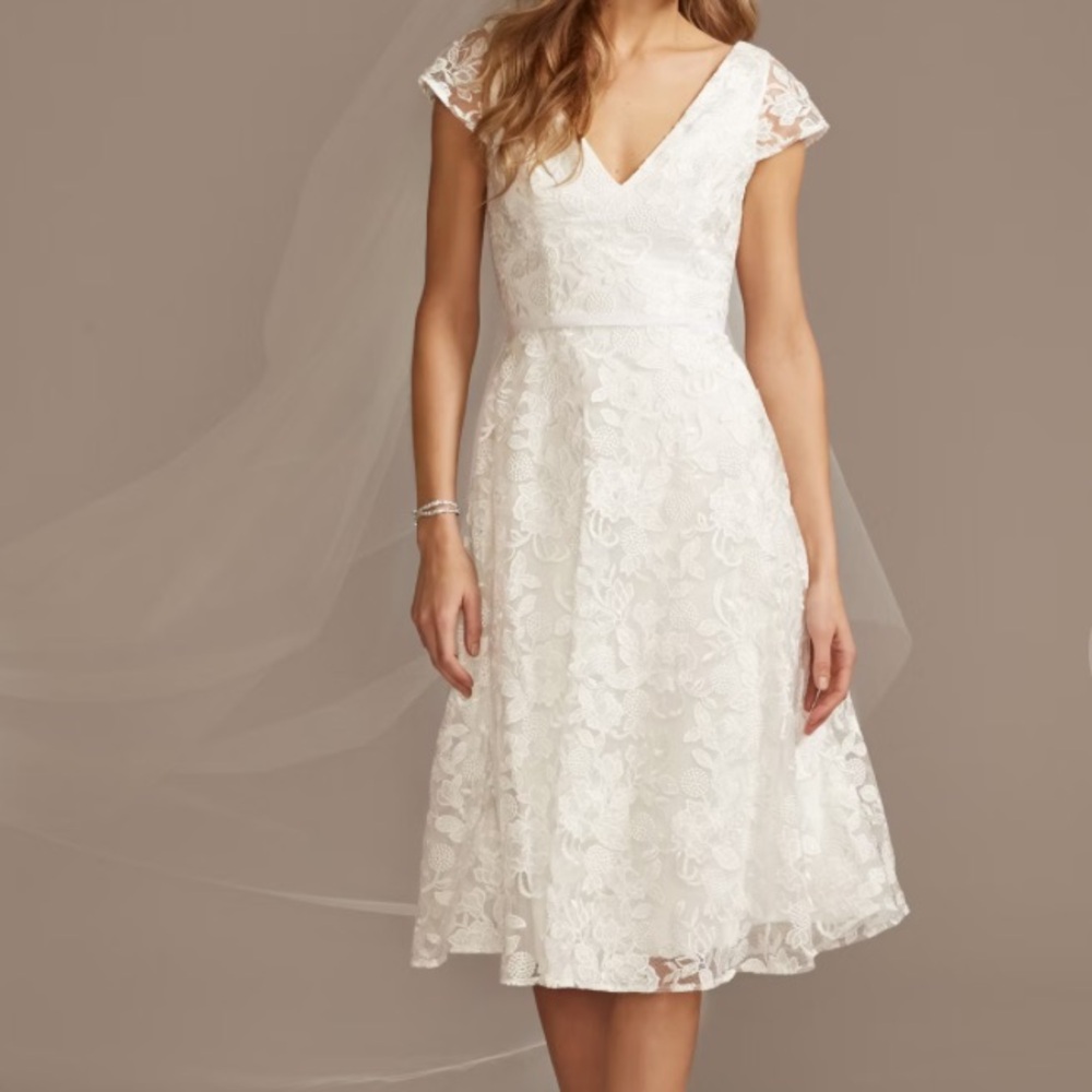 NWT David’s Bridal V-neck Embroidered Lace Cap Sleeve A-line Dress #SDWG0804
